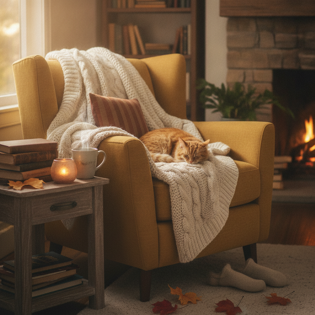 Cozy lifestyle blog image of an autumn reading nook made with a creative blog image solution