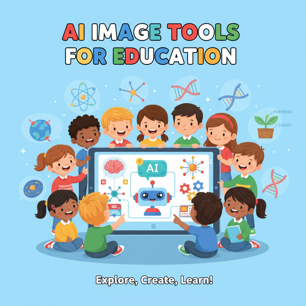 AI image tools for education banner — bright cheerful classroom illustration with diverse young students gathered around a tablet showing educational AI graphics, colorful science diagrams floating around them, vibrant primary colors, classroom AI visuals for teachers