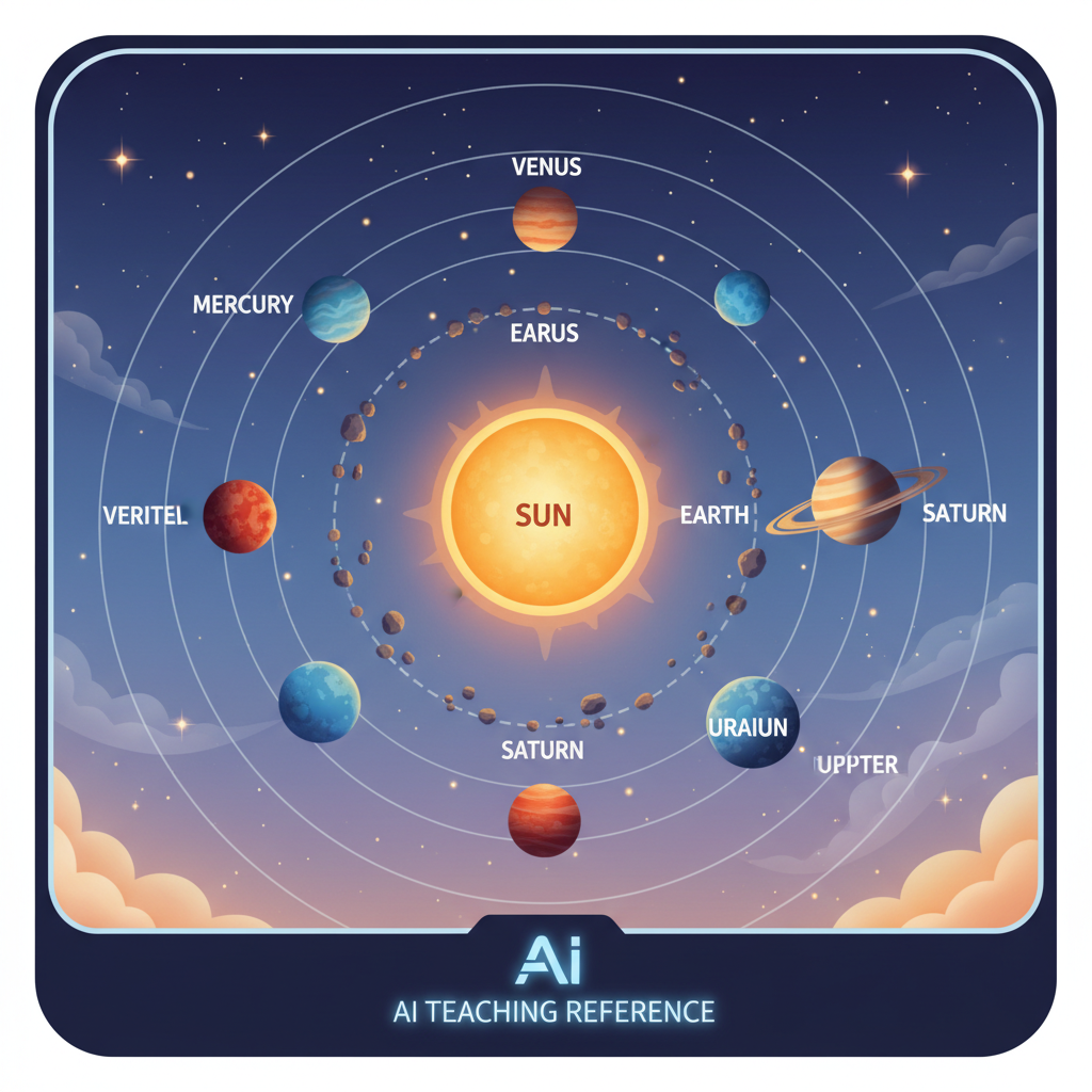 Educational AI graphics — beautifully illustrated science diagram of the solar system with all planets labeled, soft pastel space background, clean infographic style, friendly K-12 classroom AI visuals for AI for teaching