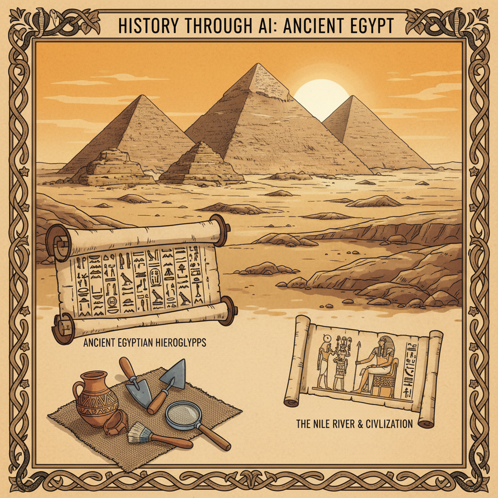 Educational AI graphics — historical illustration of ancient Egypt with pyramids, hieroglyphs, papyrus scrolls, warm sandy color palette, textbook illustration quality, classroom AI visuals for history lessons and AI learning tools