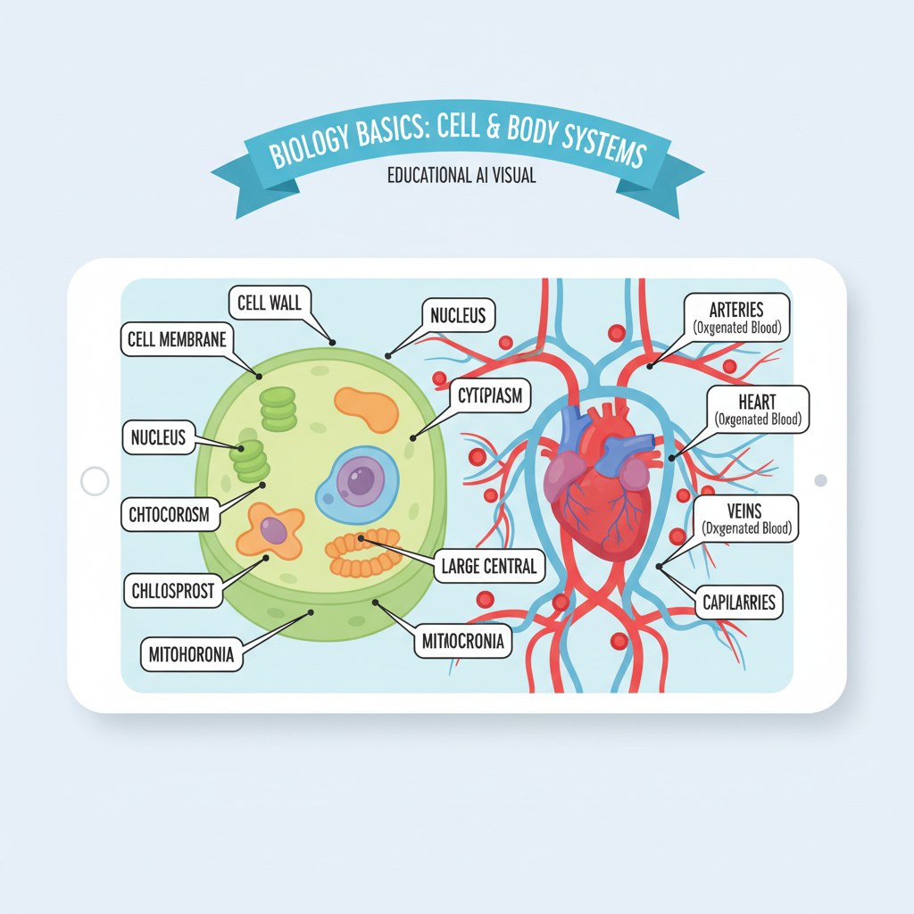 Educational AI graphics — biology diagram of a plant cell or human body system with clear labels, bright educational colors, rounded friendly shapes, perfect for middle-school science classroom AI visuals from AI image tools for education