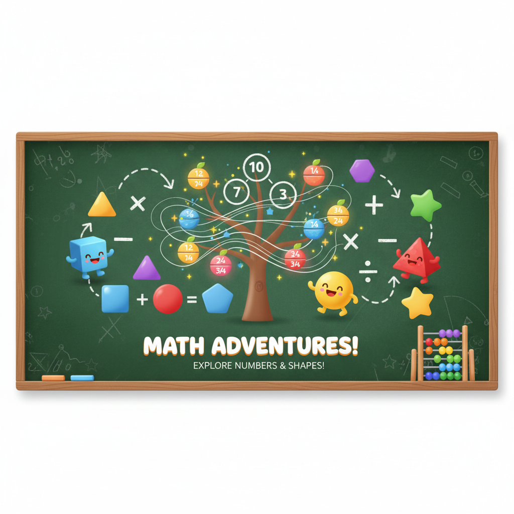 Educational AI graphics — mathematics concept illustration with playful geometric shapes, fractions, number bonds, bright primary colors, kid-friendly chalkboard background, AI image tools for education output for math lessons