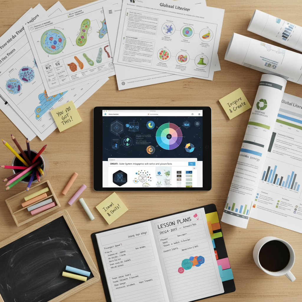AI image tools for education workspace — overhead view of teacher desk with educational printouts, infographics, lesson plan binder, tablet displaying educational AI graphics interface, friendly classroom prep workflow with AI learning tools