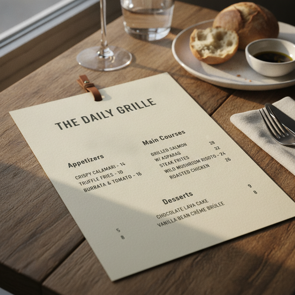 AI image translator result: a restaurant menu card on a wooden table with dish names and prices rendered in clean readable English typography