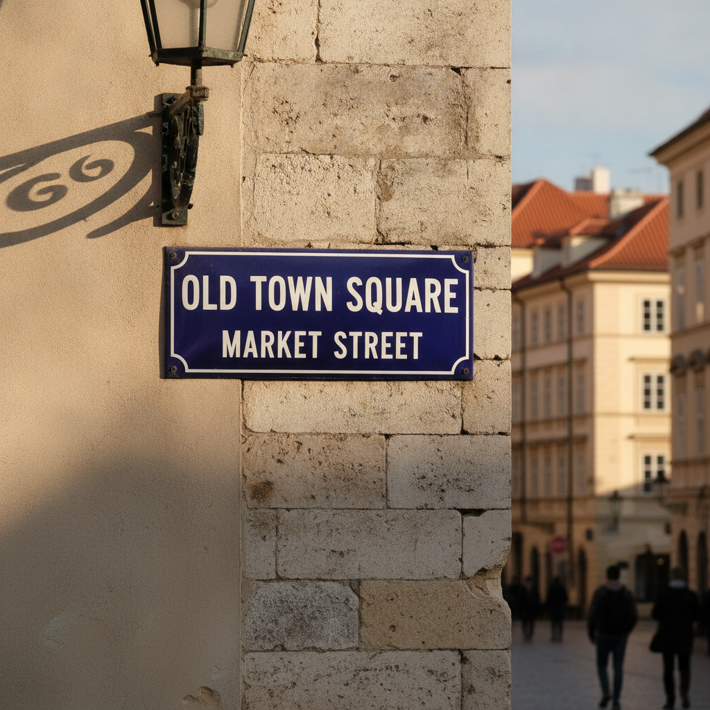 Translated street sign in a European old town, bold English lettering on a blue enamel sign photographed in daylight