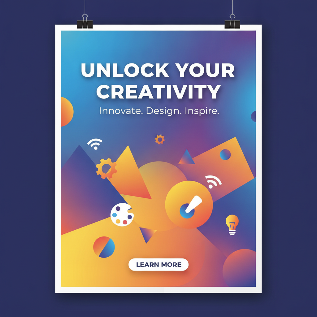 Marketing poster with a bold translated English headline and subheading over a vibrant gradient background in a flat modern layout
