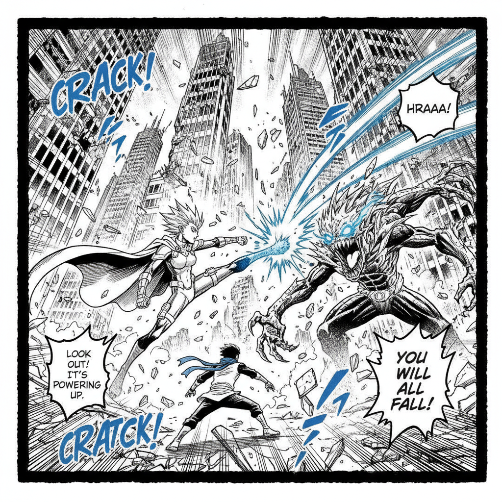 Comic page panel with translated English speech bubbles in hand-lettered style over manga-inspired black and white ink art