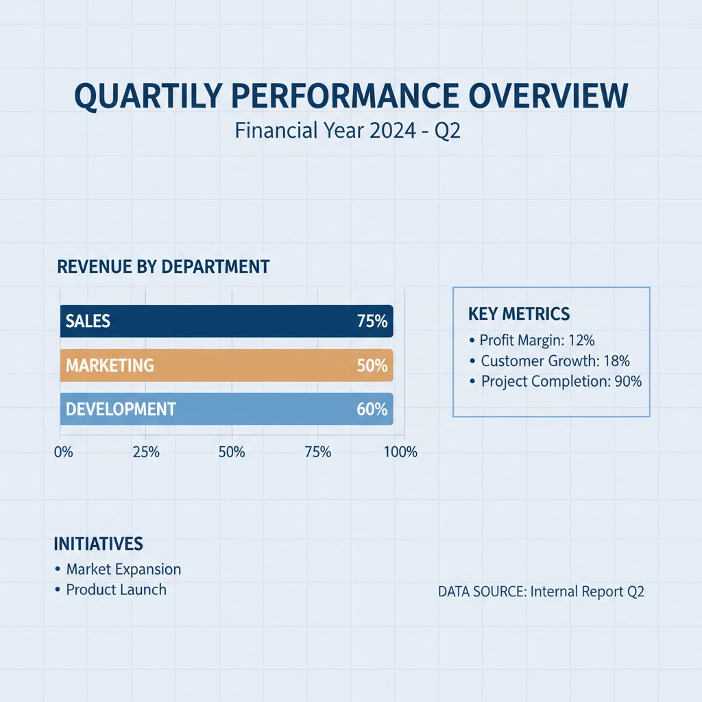 Infographic slide with translated English headings, chart labels and a bar chart in a minimal blue and amber corporate layout