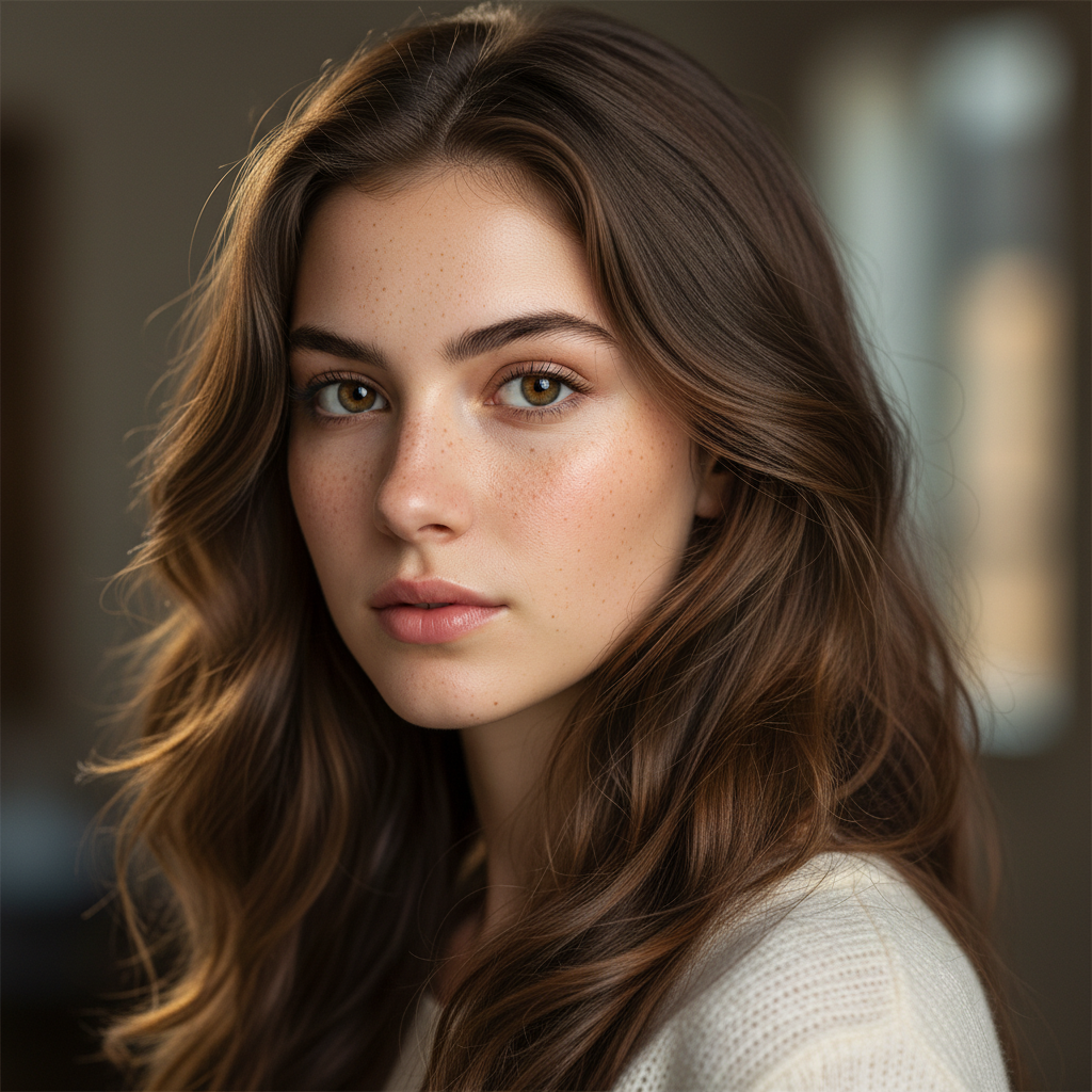 AI image upscaling result — ultra high resolution 8K portrait of a young woman with razor-sharp skin texture, individual freckles and hair strands visible, cinematic studio lighting, photorealistic professional camera quality, AI image upscaler 4K to 8K demo