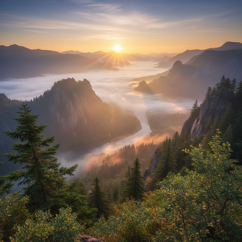 AI image upscaling landscape photo — misty mountain valley at sunrise rendered in ultra detailed 4K resolution, every leaf and rock visible, cinematic golden hour lighting, sharp focus throughout entire scene, National Geographic professional quality from AI image upscaler