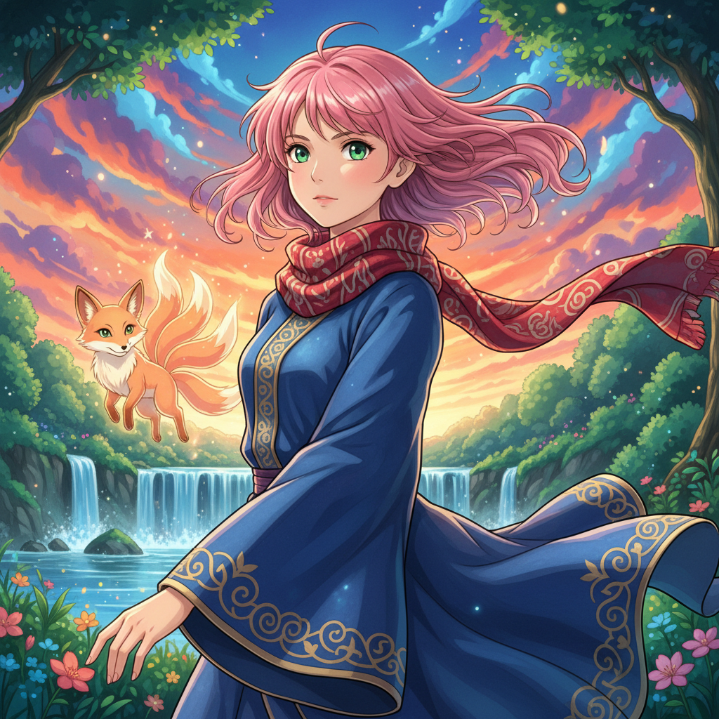 AI image upscaling anime art — anime character transformed from low resolution to crisp 4K resolution, vibrant saturated colors, sharp clean lines, every hair strand and clothing detail crisp, Studio Ghibli quality smooth digital animation from AI image upscaler