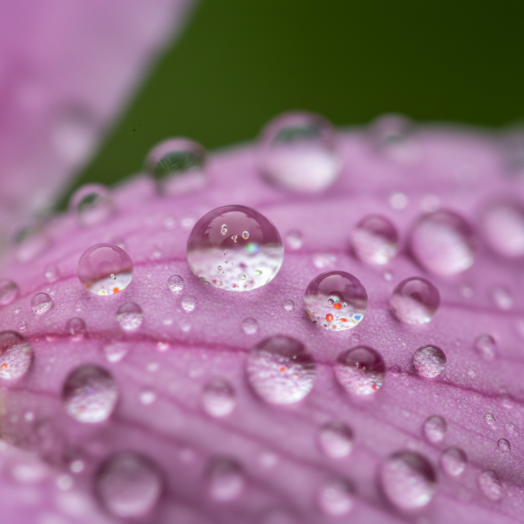 AI image upscaling macro detail — close-up of dewdrops on a flower petal in 8K ultra resolution, individual water droplets reflecting light prismatically, crystal sharp microscopic detail, professional macro photography quality from AI image upscaler