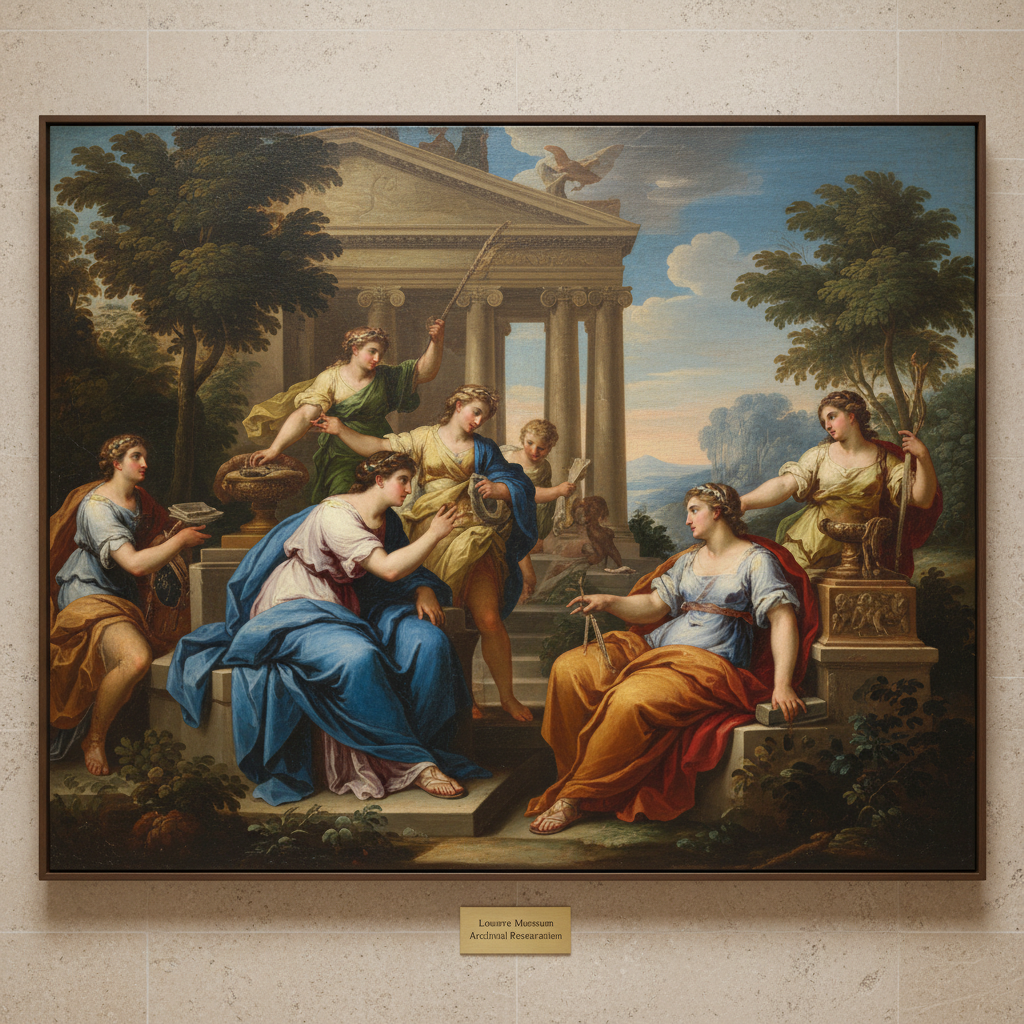 AI image upscaling oil painting restoration — ancient classical oil painting restored to gallery quality 8K resolution, brushstroke texture visible, cracked varnish removed, vibrant restored pigments, Louvre museum archival quality from AI image upscaler