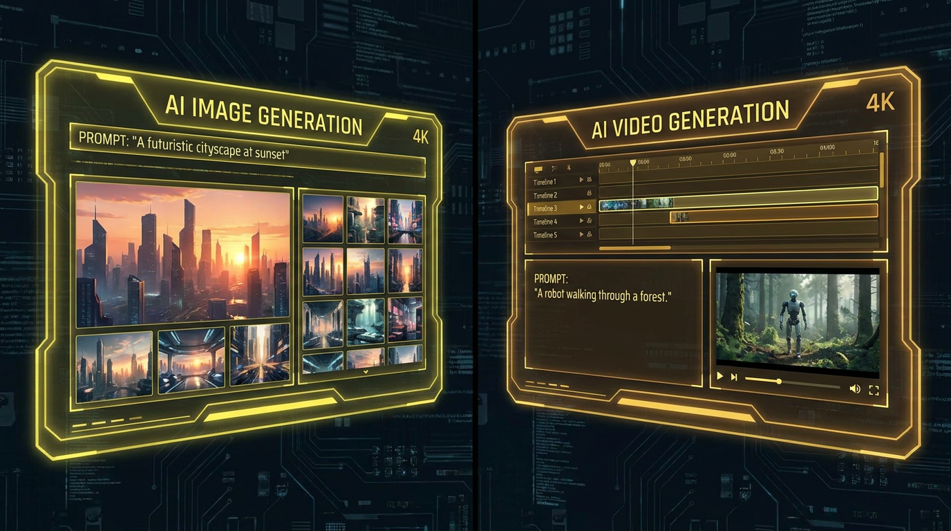 AI image vs video tools — split-screen of an AI image generator and an AI video generator with glowing UI panels