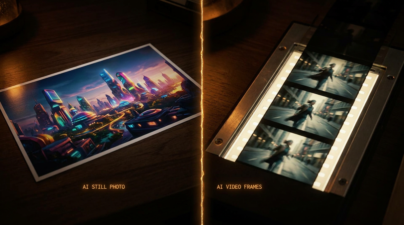 Image and video AI comparison — a still AI photograph beside a filmstrip of AI-generated video frames