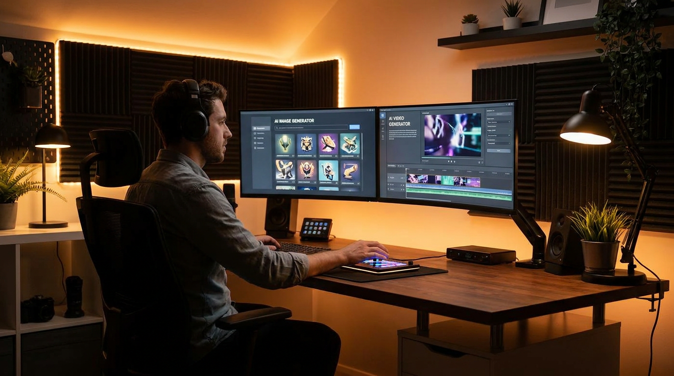 A creator choosing between an AI image generator panel and an AI video generator panel on dual monitors