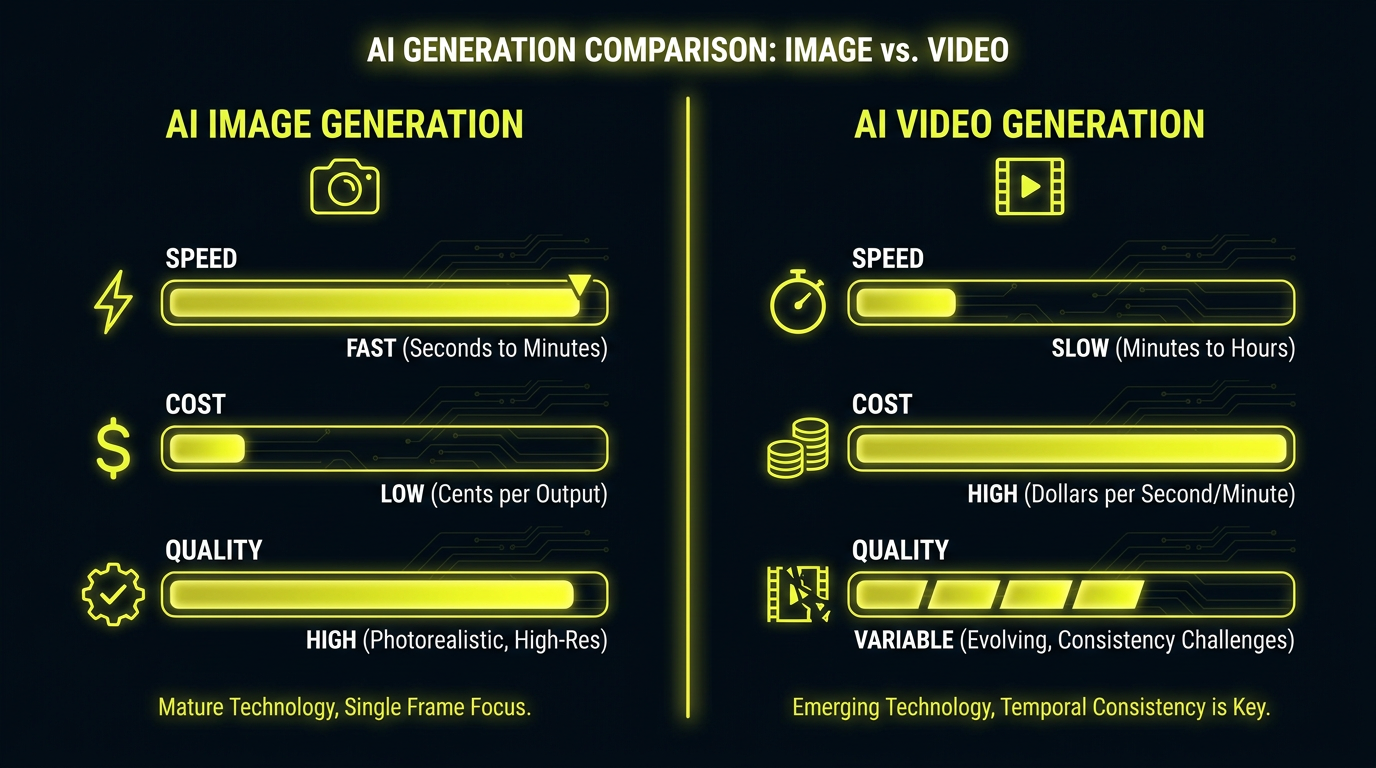 AI tool features infographic comparing speed, cost, and quality of AI image versus AI video generation