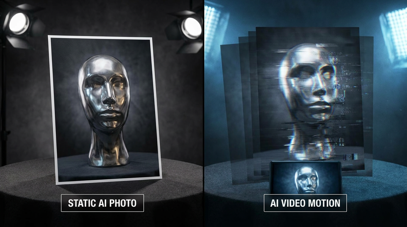 Video vs image AI — a crisp static AI photograph next to a motion sequence of AI video frames