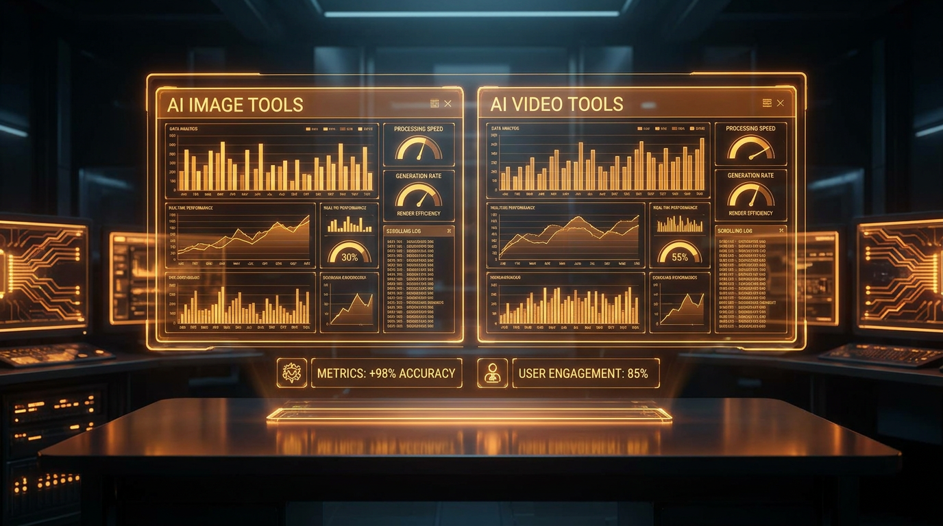 AI tool performance dashboard showing AI image tools and AI video tools side by side with metrics