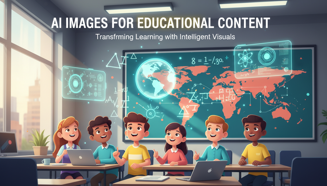 AI images for educational content hero — bright modern classroom with floating digital infographics, glowing science diagrams, math equations, world map illustration, and friendly cartoon students looking at holographic learning visuals