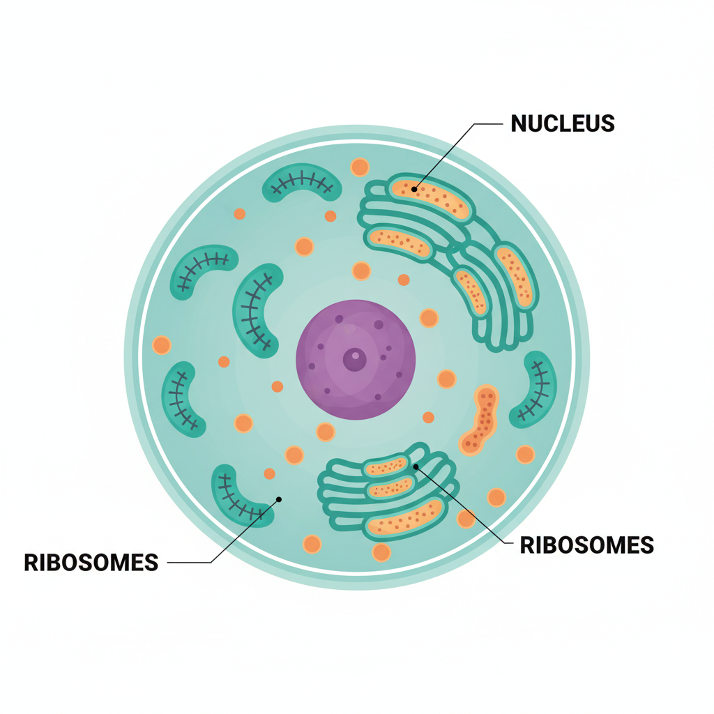 AI images for educational content science diagram — labeled cross-section of a human cell with nucleus, mitochondria, ribosomes, endoplasmic reticulum, scientific textbook illustration style with crisp readable labels for biology lessons