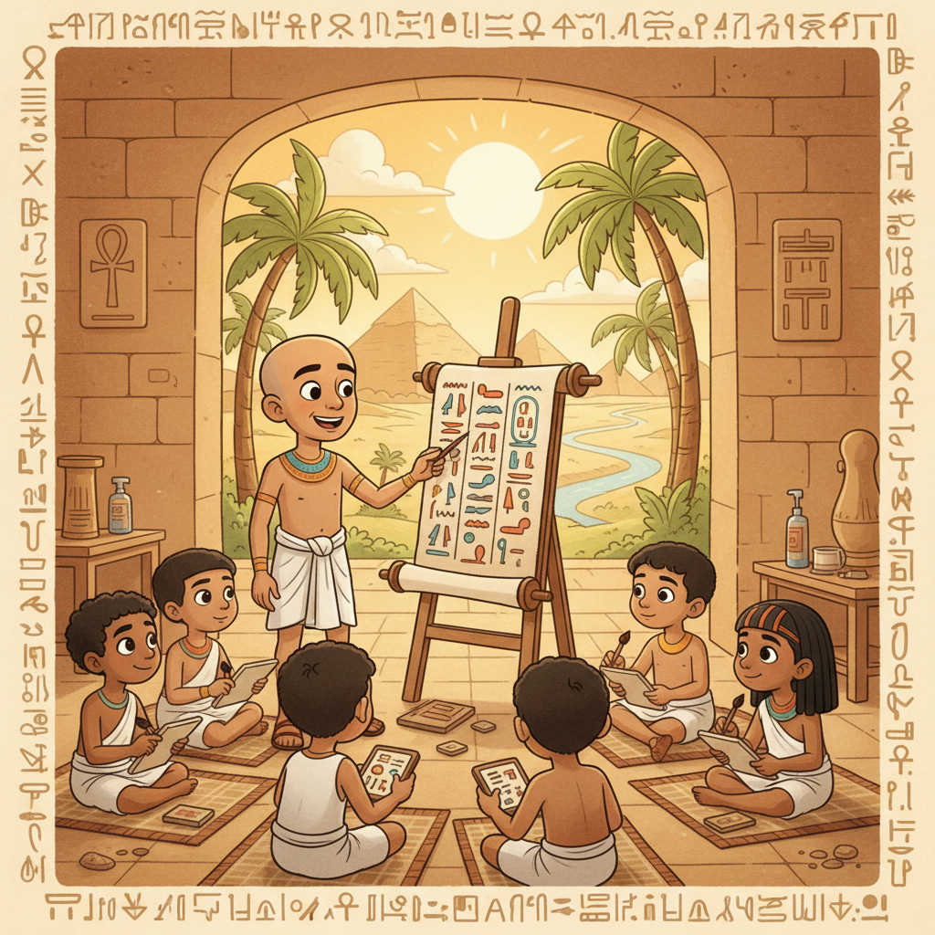 AI images for educational content historical scene — ancient Egyptian classroom with kids learning hieroglyphics, pyramids and palm trees in background, scribe teacher pointing at papyrus scroll, friendly cartoon style for elementary history lessons