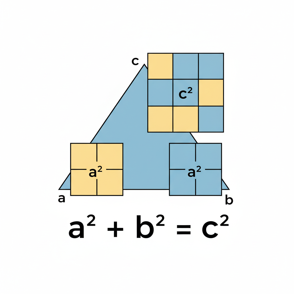 AI images for educational content math infographic — visual explanation of the Pythagorean theorem with right triangle, color-coded squares on each side, formula a² + b² = c² rendered crisply, modern flat design textbook illustration for middle school