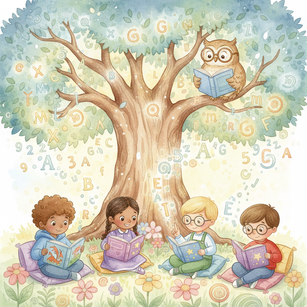 AI images for educational content storybook illustration — diverse cartoon kids reading books under a giant magical tree, glowing letters and numbers floating in the air, owl wearing glasses on a branch, watercolor style for early childhood education