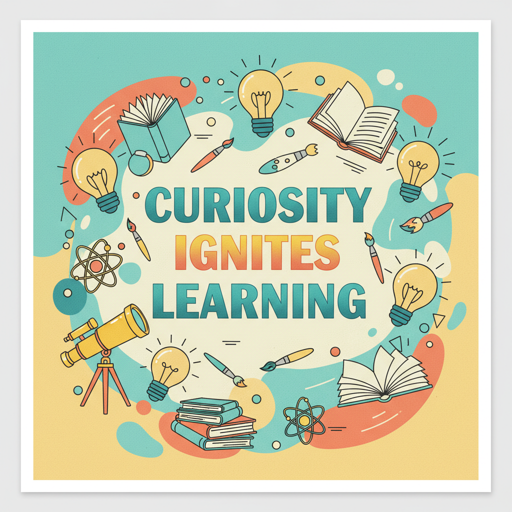 AI images for educational content classroom motivational poster — Curiosity Ignites Learning headline in bold typography surrounded by lightbulbs, books, atoms, telescopes, and paint brushes for school hallway and learning center wall art
