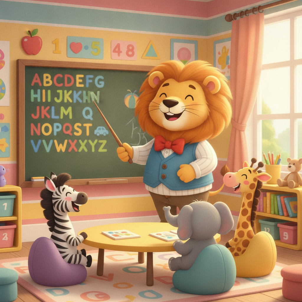 AI images for year-olds — friendly cartoon lion and rabbit reading a picture book in a sunny meadow