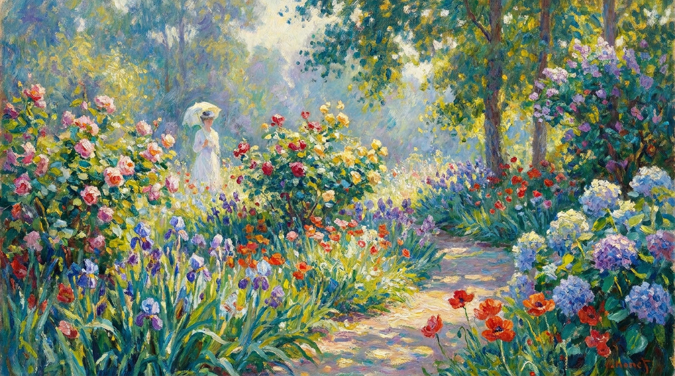 AI impressionist oil painting of a sunlit garden with blooming flowers and loose brushstrokes