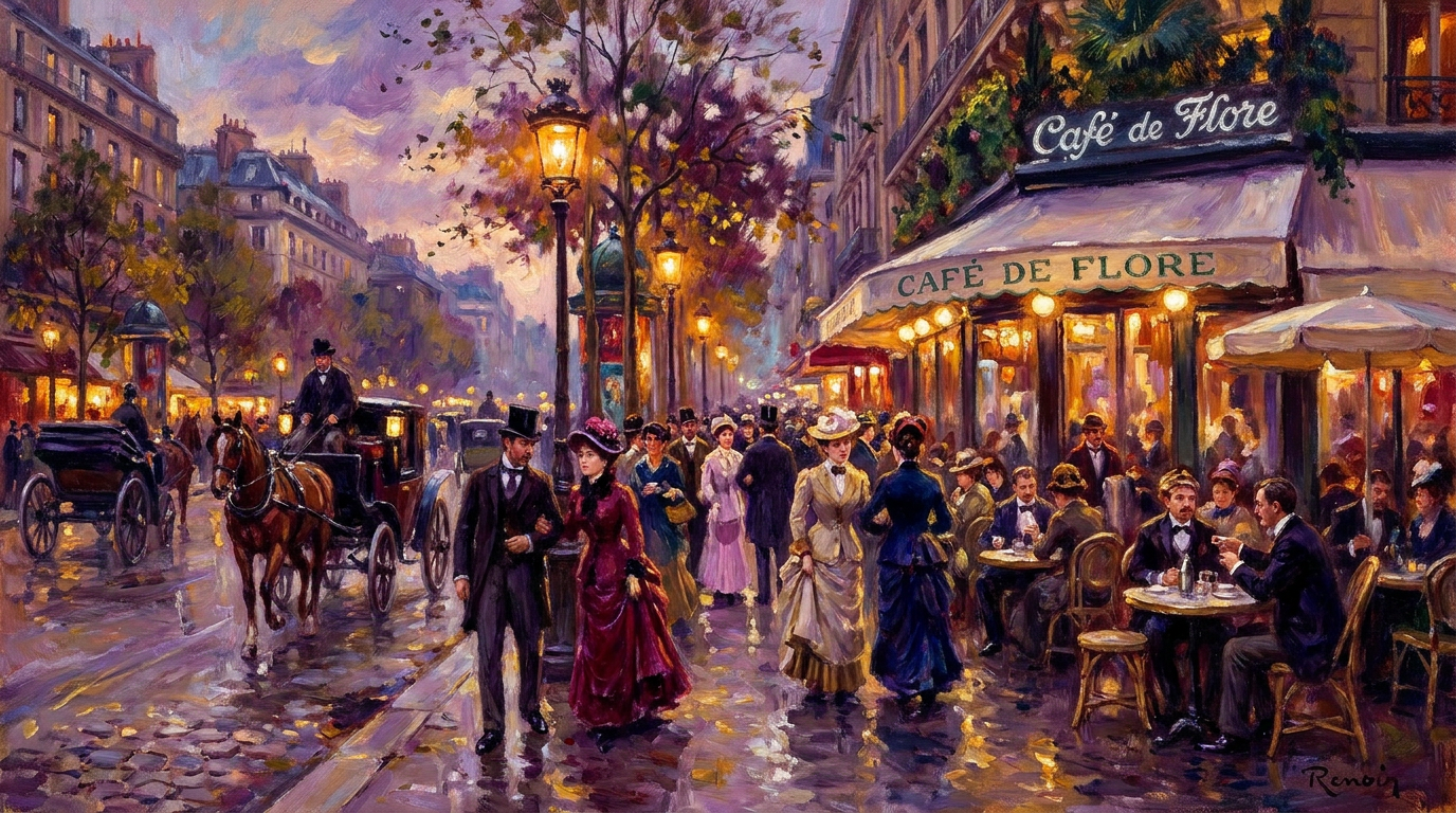 AI impressionist painting of a Parisian boulevard cafe at dusk with warm lamplight