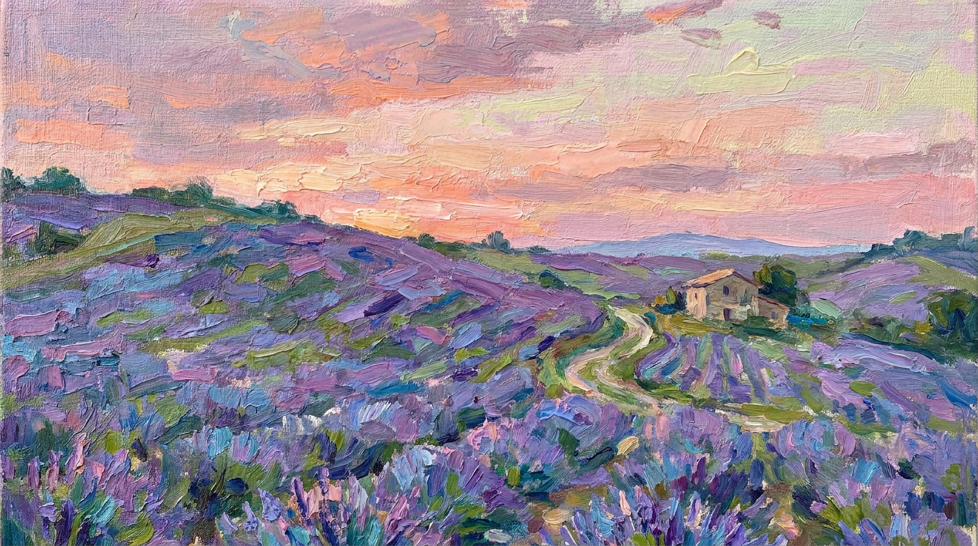 AI impressionist landscape of a lavender field at sunset with broken color technique