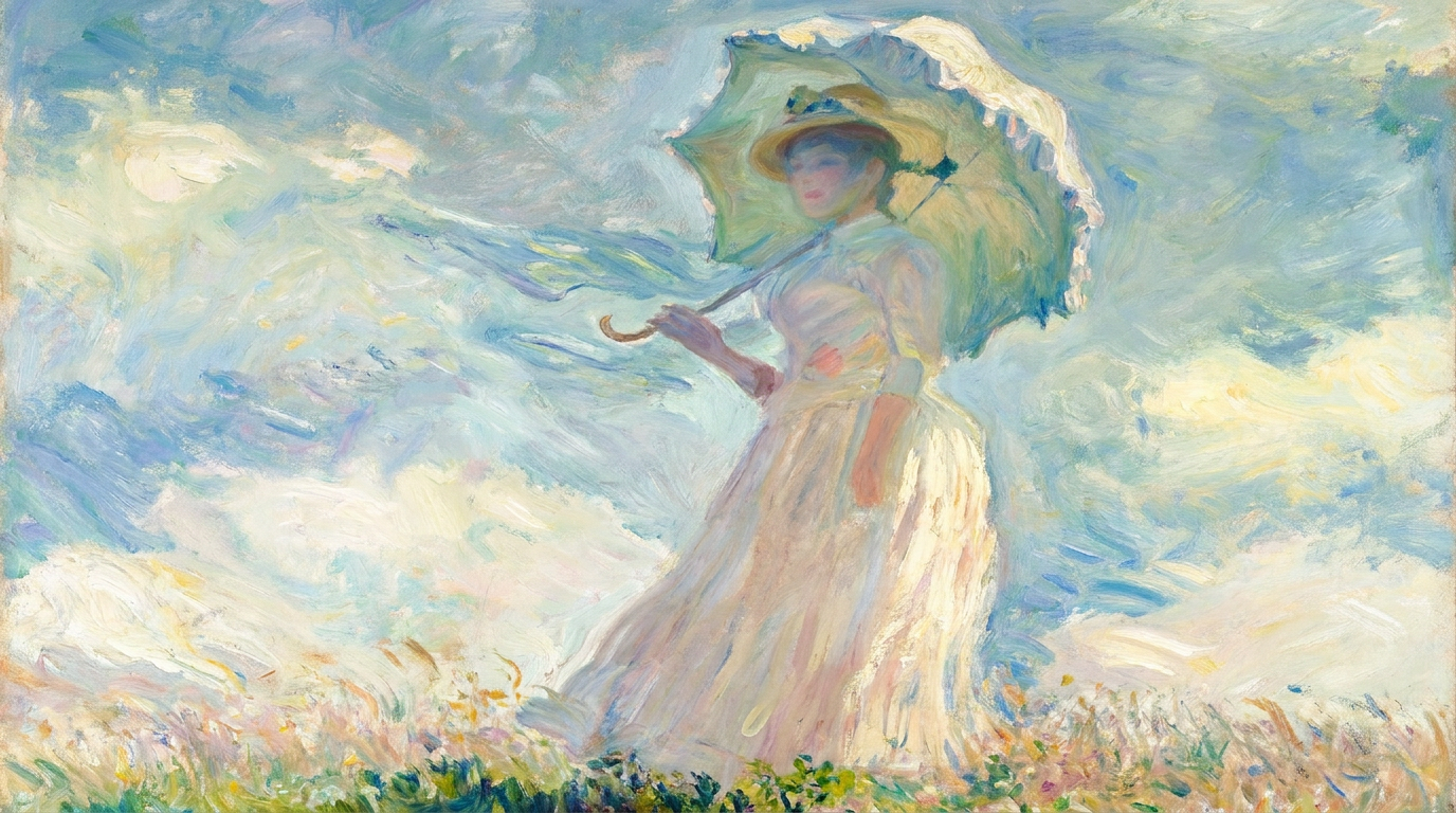 AI impressionist portrait of a woman with a parasol in a breezy sunlit meadow