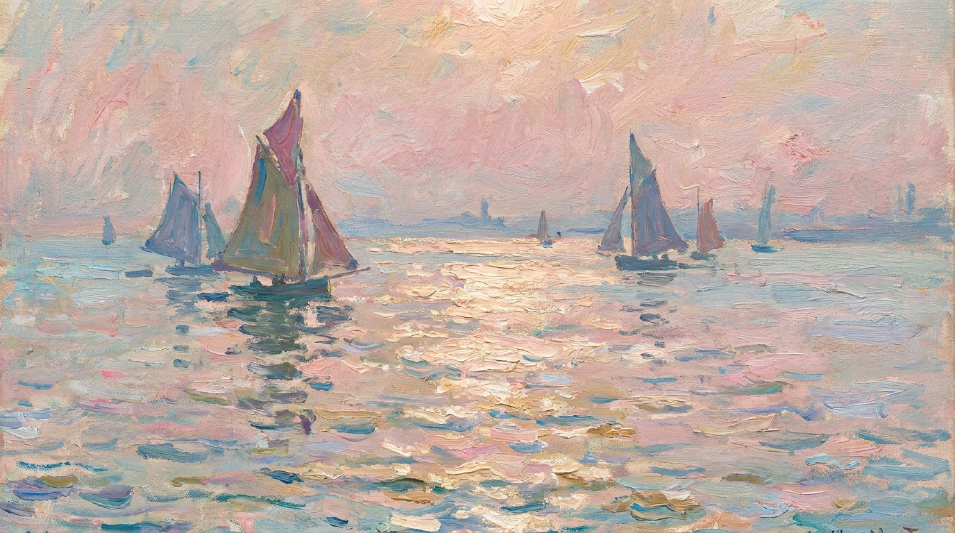 AI impressionist seascape of sailboats on shimmering water at dawn