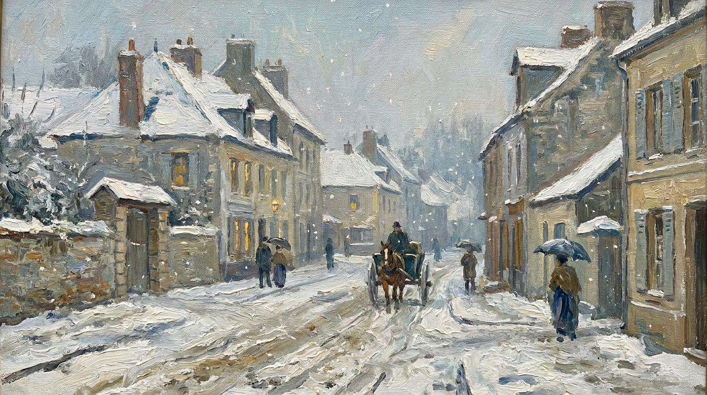AI impressionist painting of a snowy village street in winter with textured brushwork