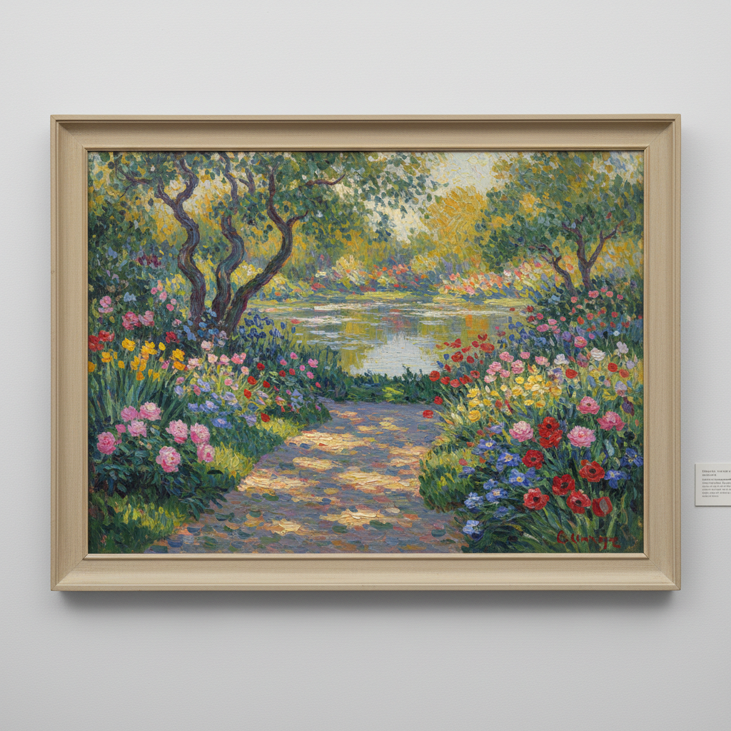 AI impressionist painting generator — sunny garden in bloom with Monet-inspired soft brushstrokes and golden afternoon light