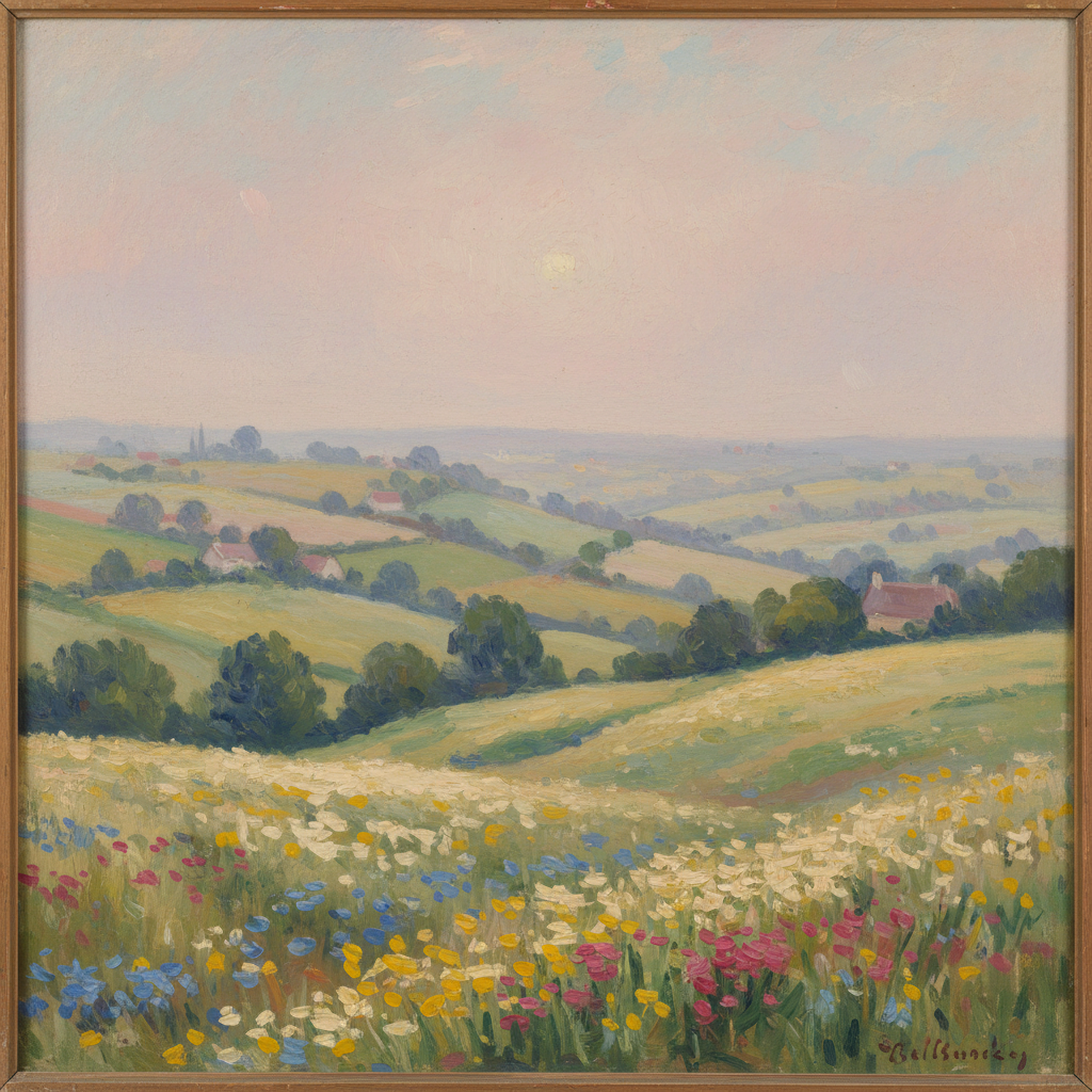 AI impressionist painting generator — French countryside hills with wildflowers and pastel pink sky in late 19th century style