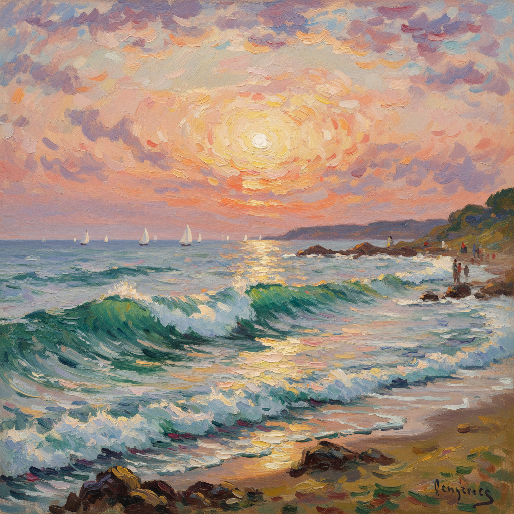AI impressionist painting generator — Renoir-inspired seaside scene with crashing turquoise waves and pink sunset sky