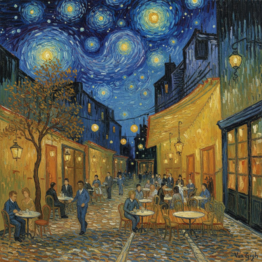 AI impressionist painting generator — Van Gogh inspired café terrace at twilight with glowing lanterns and swirling brush strokes