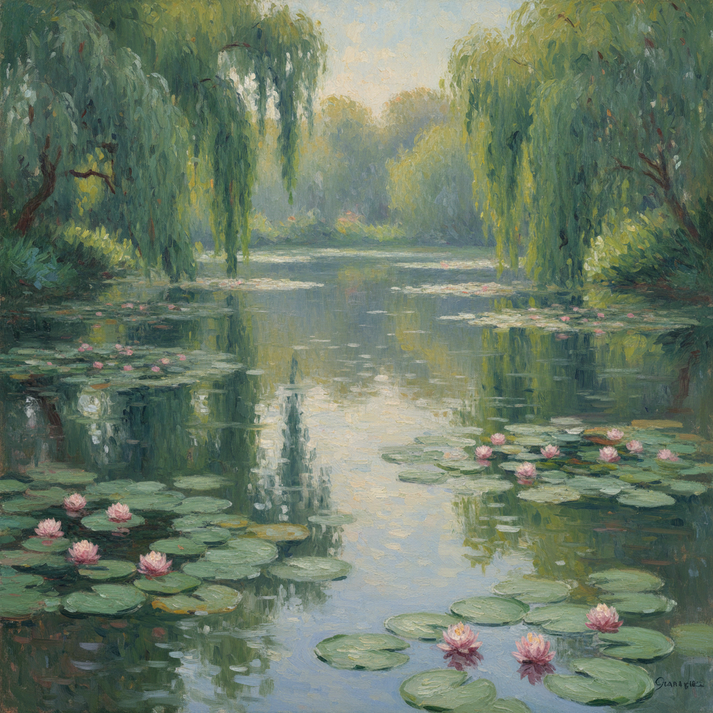 AI impressionist painting generator — Monet Giverny water lily pond with weeping willows and dappled sunlight