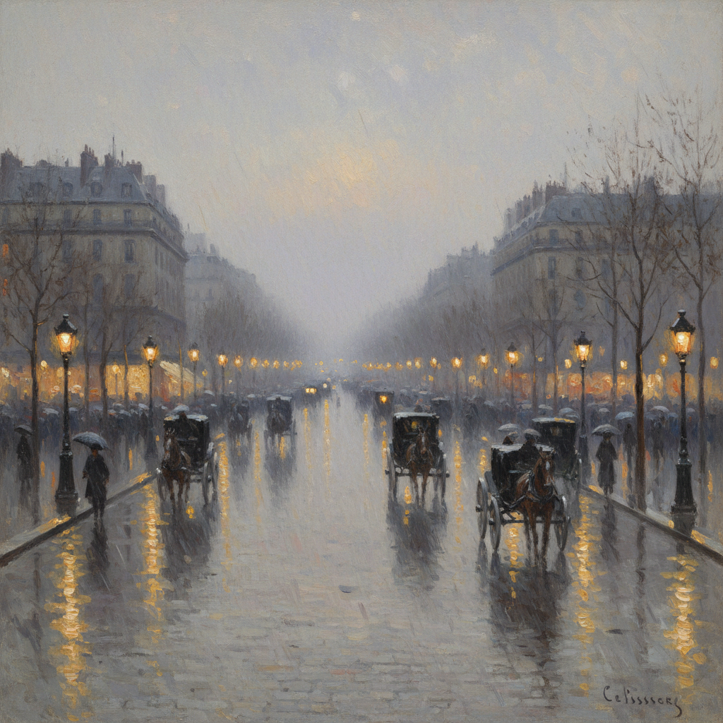 AI impressionist painting generator — Pissarro-inspired Parisian boulevard at dusk with horse carriages and gas lamps in soft rain