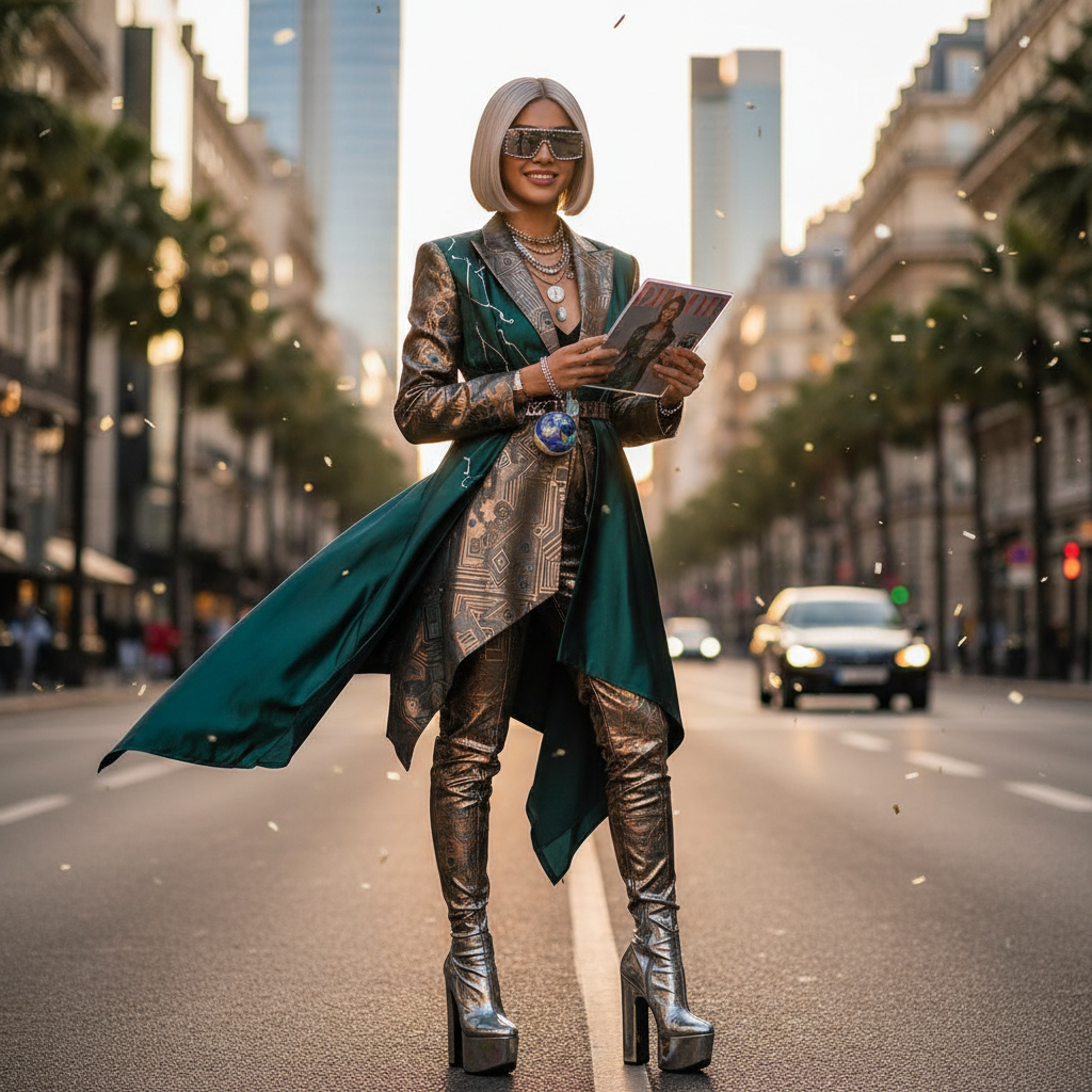 AI influencer generator result showing a stylish female fashion influencer in a designer outfit on a sunny city street