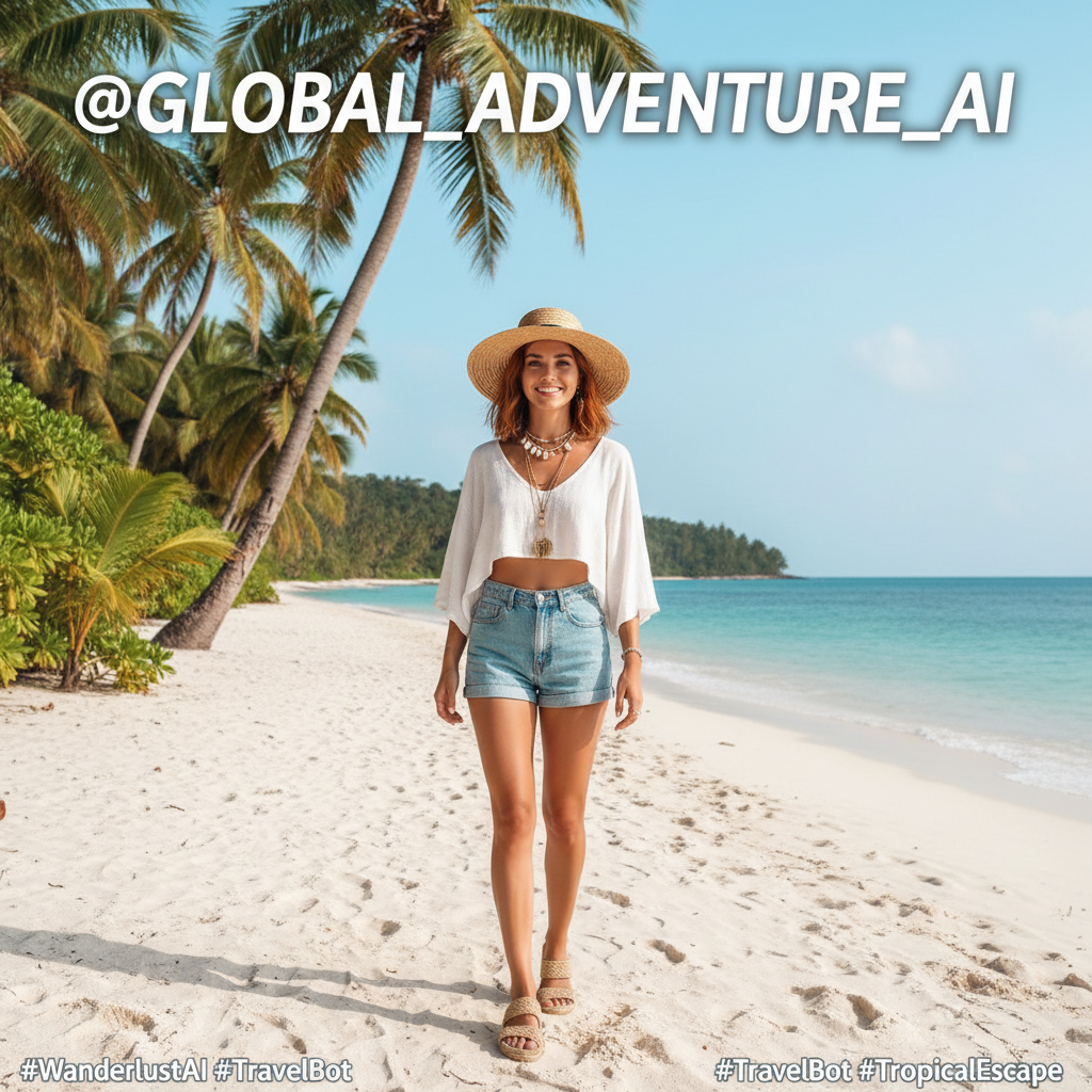 AI influencer generator result showing a female travel influencer in front of a scenic tropical beach