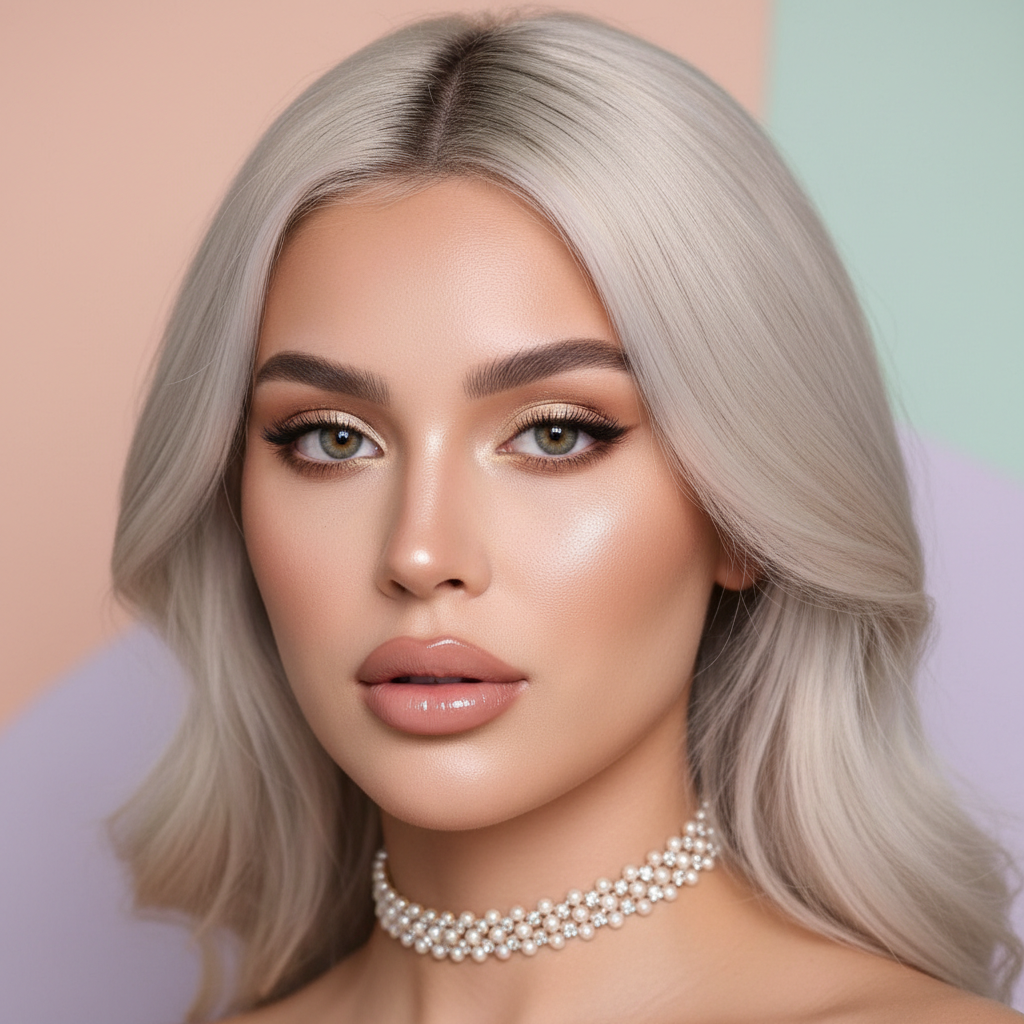 AI influencer generator result showing a close-up beauty portrait of a female beauty influencer with glowing skin