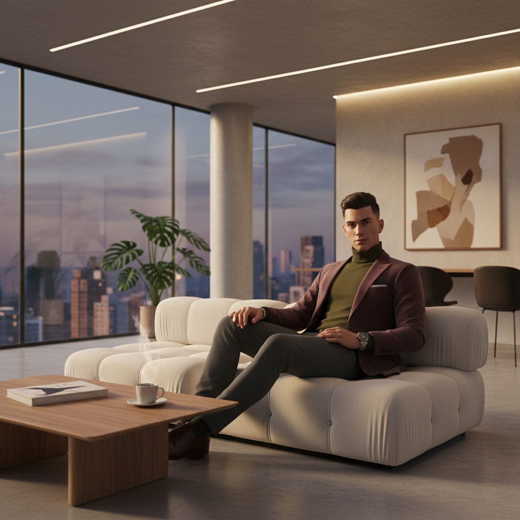 AI influencer generator result showing a stylish male lifestyle influencer in a modern minimalist apartment
