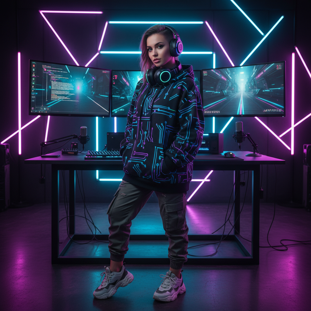 AI influencer generator result showing a young tech and gaming influencer in streetwear with neon RGB lighting