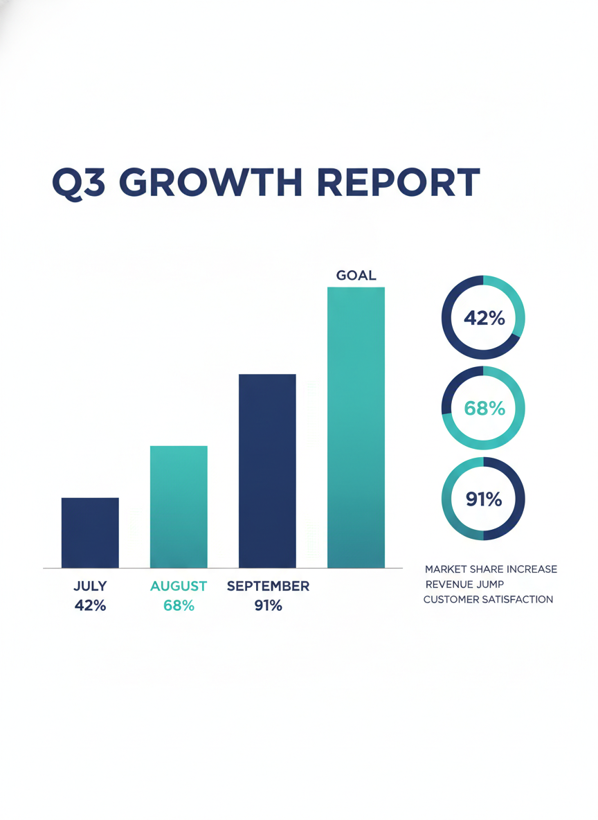 Business quarterly growth infographic with navy bar chart and percentage stat rings made with an AI infographic generator
