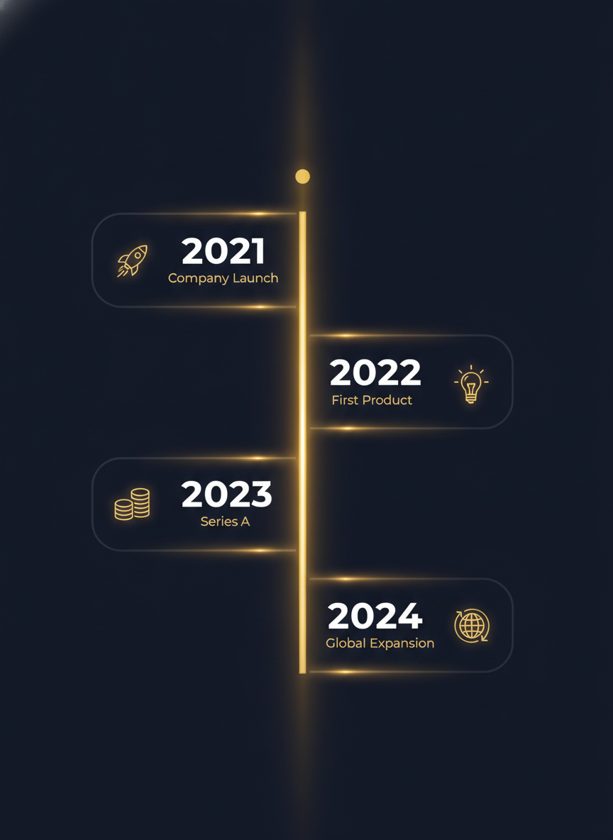 Vertical company timeline infographic on a dark background with four golden milestone cards from 2021 to 2024