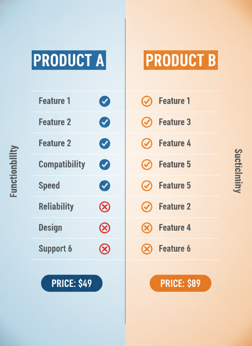 Side-by-side product comparison infographic with feature table, check marks and price badges